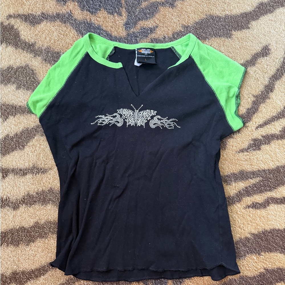 Green and Black Rhinestone Harley Davidson Baby Tee